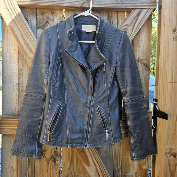Michael Kors Distressed Leather Moto Jacket - Picture 2 of 13